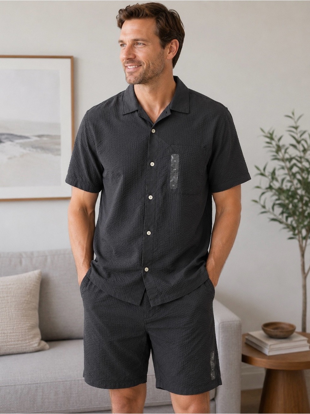 Gap Men’s Seersucker Shirt & Shorts Matching Set Dark Grey XL/38 NWT